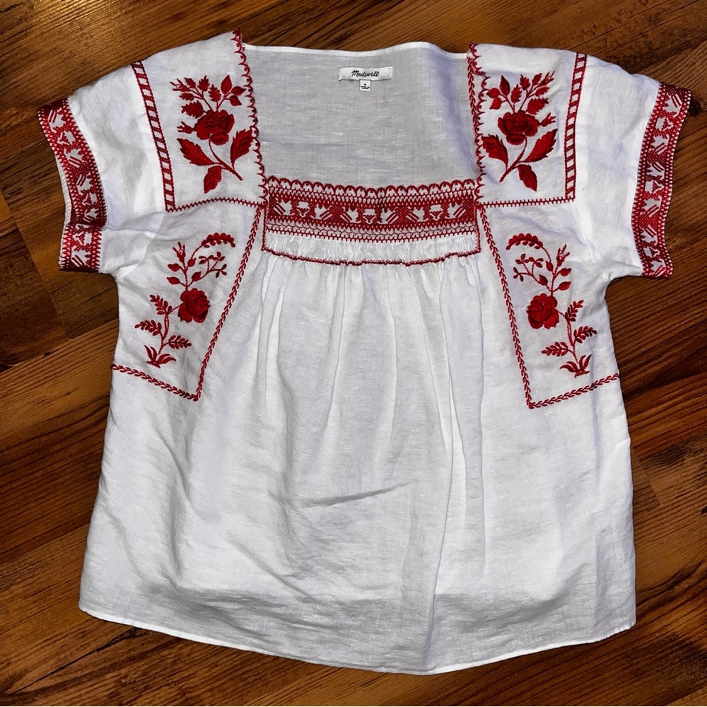Madewell White Blouse with Red Embroidery - Picture 2 of 9